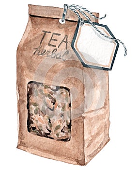 Watercolor herbal tea in paper packaging with white label.