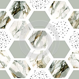 Watercolor hexagon with stripes, water color marble, grained, grunge, paper textures.