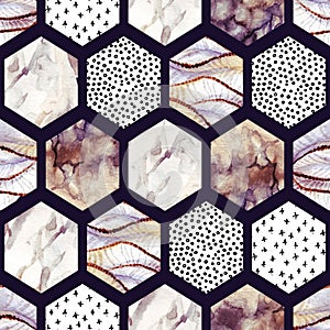 Watercolor hexagon with stripes, wave, curve, water color marble, grained, grunge, paper textures, minimal elements.