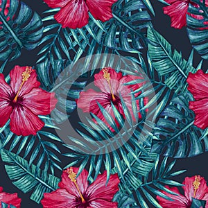 Watercolor hibiscus flower and palm leaves seamless pattern.