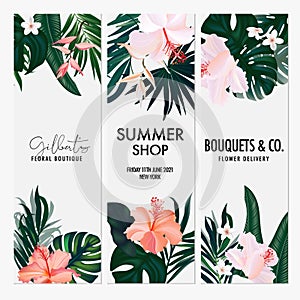 Watercolor Hibiscus tropical jungle vertical wedding invitation card, summer shop banner, boutique vacation illustration.  Botany