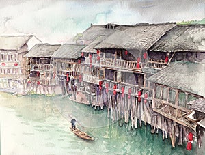 Watercolor High Definition Illustration: Chinese Water Town. Stilt Loft. Chongqing.