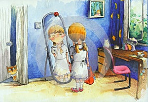 Watercolor High Definition Illustration: The girl in the mirror. A new semester opens, the girl wonder if she looks good enough. photo