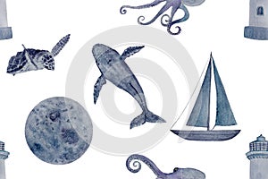 Watercolor hand-drawn purple monochromatic seamless pattern isolated on white. Humpback, whale, octopus, turtle, moon