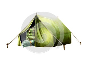 Watercolor hiking and camping backpack, rolled up blanket and sleeping bag in green camping tent illlustration. Mountin
