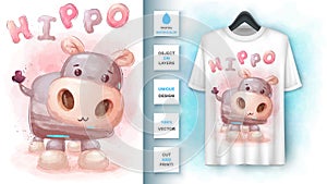 Watercolor hippo poster and merchandising.