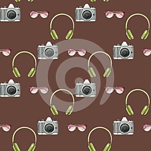 Watercolor hipster seamless pattern with photo camera,sunglasses,headphones on brown background.