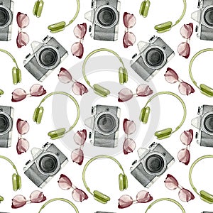 Watercolor hipster seamless pattern with photo camera,sunglasses,headphones isolated on white background. Hand drawn fashion illus