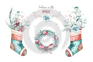 Watercolor holiday christmas clipart. Winter decoration element. Merry christmas design. Pine tree branch, frame