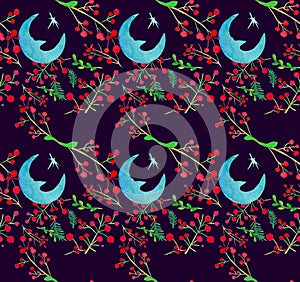 Watercolor Holiday illustrations seamless pattern with Moon and berries . Winter New Year theme.