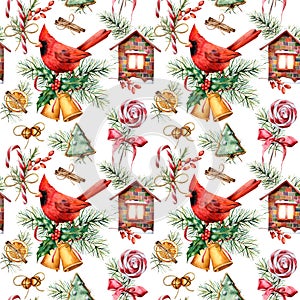 Watercolor holiday pattern with cardinal and Christmas symbols. Hand painted red bird, bells, house, candy cane, pin