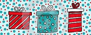 Watercolor holiday presents illustration, wrapped gift boxes, birthday party christmas design elements set