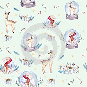 Watercolor holiday seamless pattern of a cute polar bear and deer, winter print, children`s illustration, portrait of a