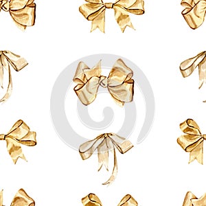 Watercolor holiday seamless pattern with gold gift boxes and bows
