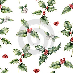 Watercolor holly and mistletoe Christmas seamless pattern. Hand painted holiday plant with red and white berries