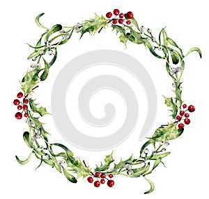 Watercolor holly and mistletoe wreath. Hand painted border floral branch and white berry isolated on white background