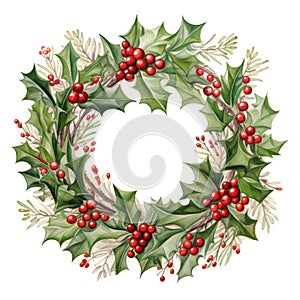 watercolor holly wreath with red berries on white