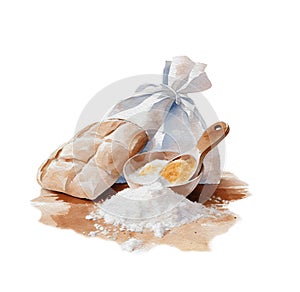 Watercolor home baking illustration. Flour, milk, eggs, wheat, bread.