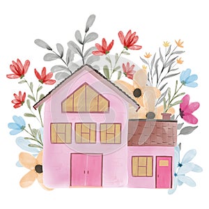 Watercolor home sweet home concept illustration with flower