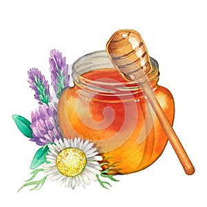 Watercolor honey bottle and the dripper decorated with flowers