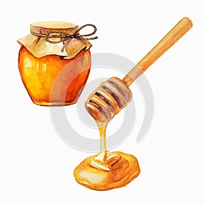 Watercolor Honey jar and honey stick