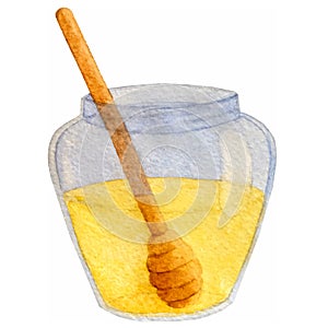 Watercolor honey jar isolated on the white background. Vector.