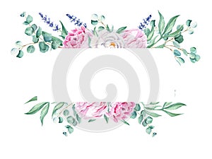 Watercolor horisontal frame, white and pink peonies, eucalyptus, gypsophila and lavender branches. Hand drawn botanical