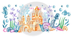 Watercolor horizontal composition with marine life, sand castle, seashells, corals on a white background