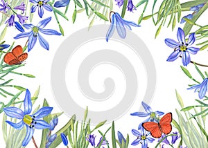 Watercolor horizontal frame with scillas, daffodils, hyacinths, butterflies isolated on white background. Illustration for the