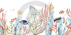 Watercolor horizontal seamless border, colorful illustration of sea underwater plants, fish, seaweeds, ocean coral reef