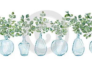 Watercolor horizontal seamless pattern house green plants in glass vase with branches eucalyptus set. Eco natural minimalistic.