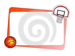 Watercolor horizontal sports basketball frame, with orange ball and basket, shield.
