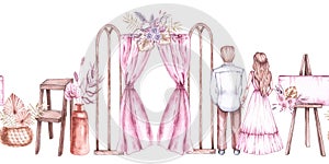 Watercolor horizontal wedding pattern with newlyweds and wedding arch and accessories in pastel shades in boho style