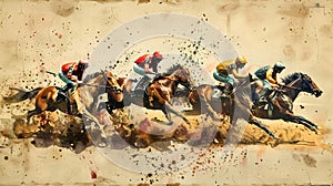 Watercolor horseracing thundering charge from side of field, dust and mud from the charging horses with jockeys leaning forward.