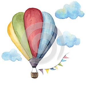 Watercolor hot air balloon set. Hand drawn vintage air balloons with flags garlands, clouds and retro design