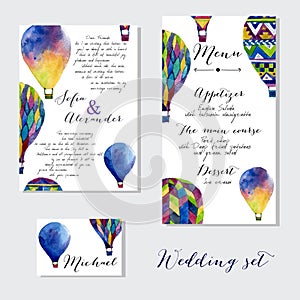 Watercolor hot air balloon on wedding invitation