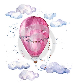 Watercolor hot air baloon soaring in the air among clouds