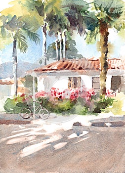 Watercolor House with Beautiful Flowers and Bicycle with a Palm Trees on the background hand painted illustration