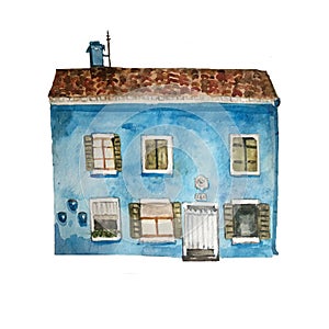 Watercolor house on Burano cartoon building, street architercture house exterior closeup isolated on white background.
