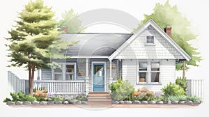 Watercolor House Illustration With Blue Doors In Lilia Alvarado Style