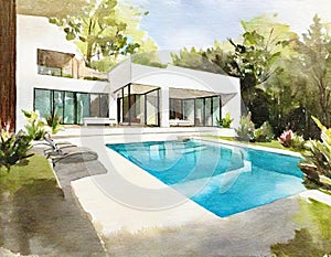 Watercolor of House Modern luxury Home pool with deck