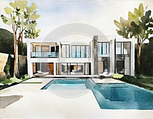 Watercolor of House Modern luxury Home pool with deck