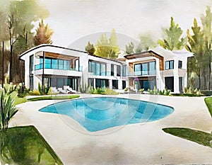 Watercolor of House Modern luxury Home pool with deck