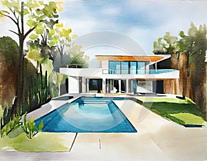 Watercolor of House Modern luxury Home pool with deck