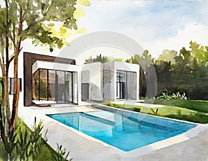 Watercolor of House Modern luxury Home pool with deck