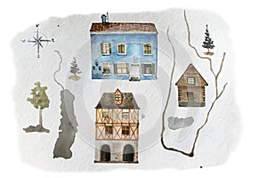 Watercolor of houses and rural landscape map illustrations. Hand drawn trees, river, lake and houses for your maps