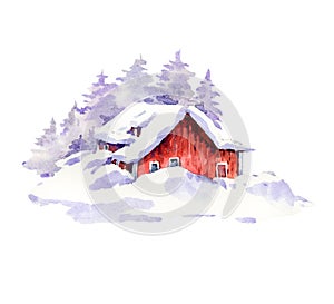 Watercolor Ð¡hristmas illustration, winter red houses covered with snow in scandinavian style