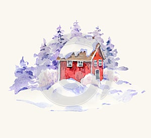 Watercolor Ð¡hristmas illustration, winter red houses covered with snow in scandinavian style