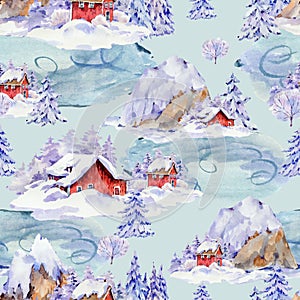 Watercolor Ð¡hristmas seamless pattern, ice lake, winter red houses covered with snow in scandinavian style