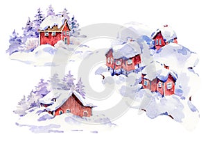 Watercolor Ð¡hristmas set of winter red houses covered with snow in scandinavian style